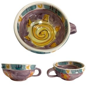 90s Handpainted funky Sun Coffee cup dish purple eclectic pottery